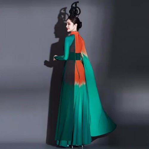 Women girls greeen chinese folk dance costumes ancient traditional wide sleeves yangge umbrella fairy hanfu stage performance clothes for female